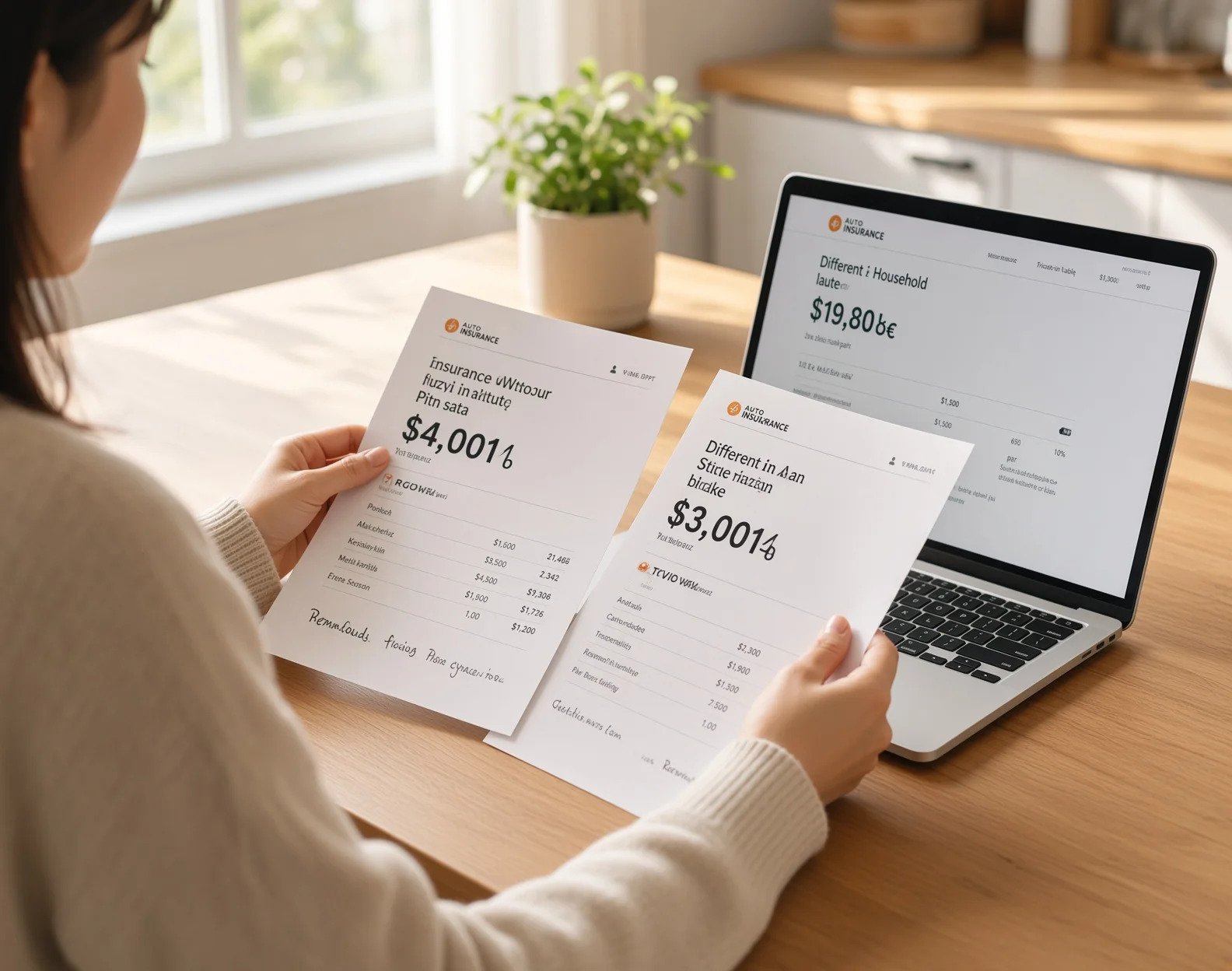 Person at a kitchen table comparing two printed auto insurance quote pages next to a laptop